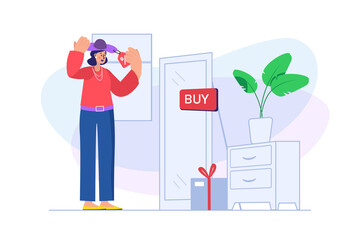 Shopping concept with people scene. Woman customer trying on new hat by mirror in fitting room of store and buying new clothes. Illustration with character in flat design for web banner