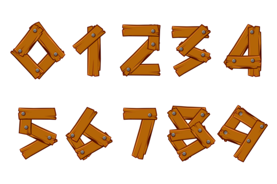 Set Wooden numbers. Cartoon wooden plank in digits