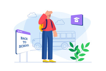 Back to school concept with people scene. Schoolboy with backpack waiting school bus. Student studying and receiving knowledge. Illustration with character in flat design for web banner