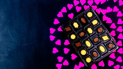 delicious chocolate surrounded by pink hearts on black background