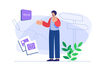 Decision making concept with people scene. Man thinks, solves problem and doubts choosing road while standing near directions pointer. Illustration with character in flat design for web banner