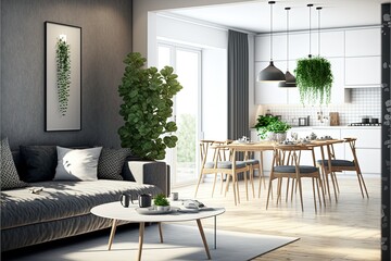 Interior design of modern scandinavian apartment, living room, ai generated