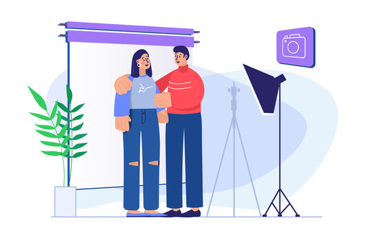 Photo studio concept with people scene. Man and woman models posing for photo shoot in professional studio with spotlight and backdrop. Illustration with character in flat design for web banner
