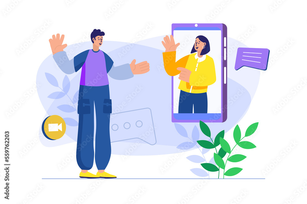 Poster video chatting concept with people scene. happy man communicates online with woman using video call 