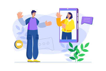 Video chatting concept with people scene. Happy man communicates online with woman using video call application for mobile phone. Illustration with character in flat design for web banner