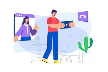 Video chatting concept with people scene. Happy man calls woman using zoom application for tablet, talks and communicates online. Illustration with character in flat design for web banner