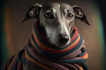 Portrait of Italian greyhound with a scarf, generative AI illustration.