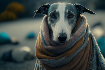 Italian greyhound with a scarf on cold weather, generative AI illustration.