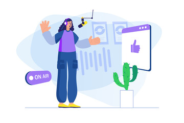 Podcast streaming concept with people scene. Woman host in earphones talking into microphone and making live broadcast at radio. Illustration with character in flat design for web banner