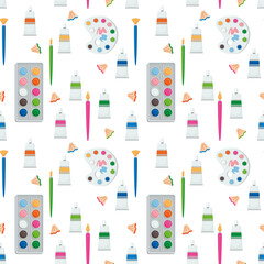 Vector seamless pattern with a palette, a box of paints and tubes, brushes. Illustration isolated on white background in cartoon style for paper and textile