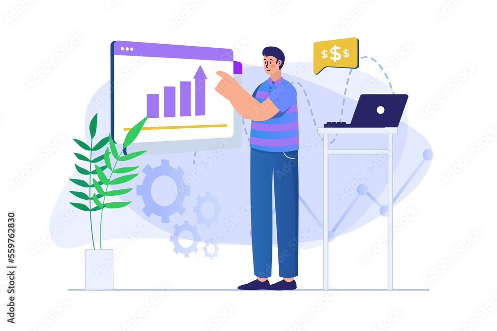 Poster sales performance concept with people scene. man consultant analyzes chart, makes accounting and fix