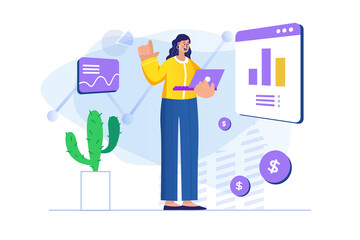 Sales performance concept with people scene. Woman analyzes data chart, makes financial accounting and growth of profit statistic. Illustration with character in flat design for web banner