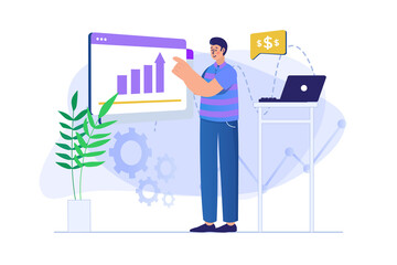 Sales performance concept with people scene. Man consultant analyzes chart, makes accounting and fixes financial growth at statistics. Illustration with character in flat design for web banner