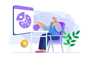 Planning financial budget concept with people scene. Elderly man analyzes his savings and pension, plans expenses and pays bills. Illustration with character in flat design for web banner