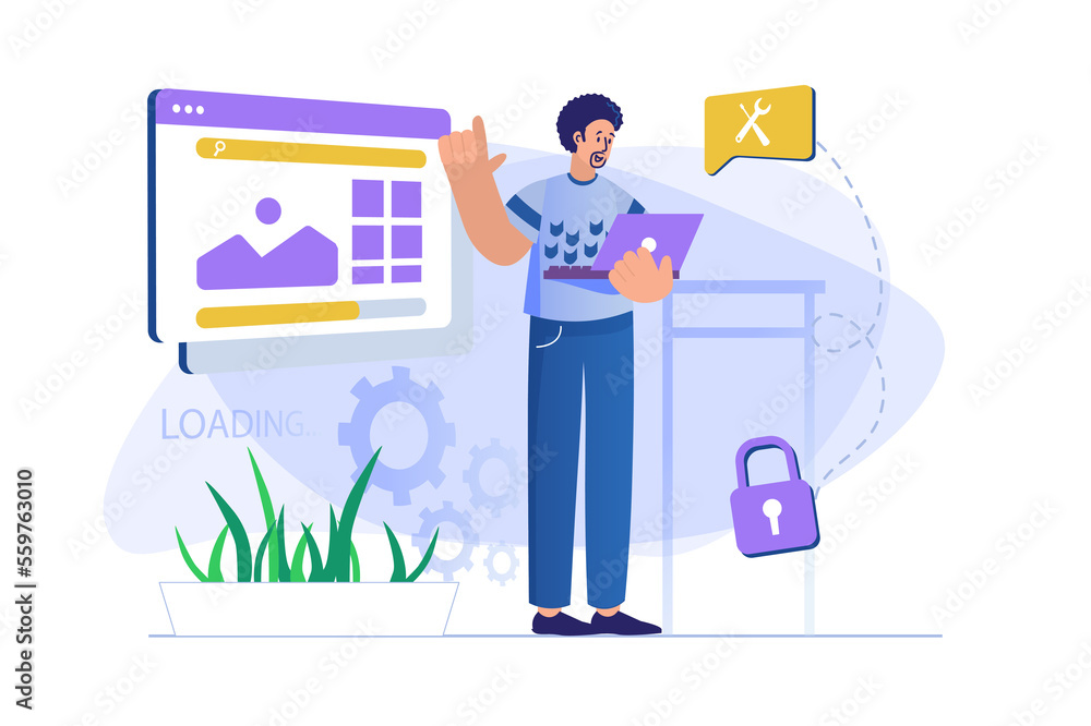 Poster web design concept with people scene. man designer creates website layout, adjusts and optimizes pag