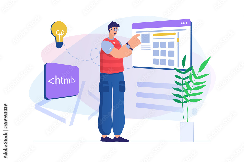 Poster web design concept with people scene. man designer creates website layout, generates creative ideas,