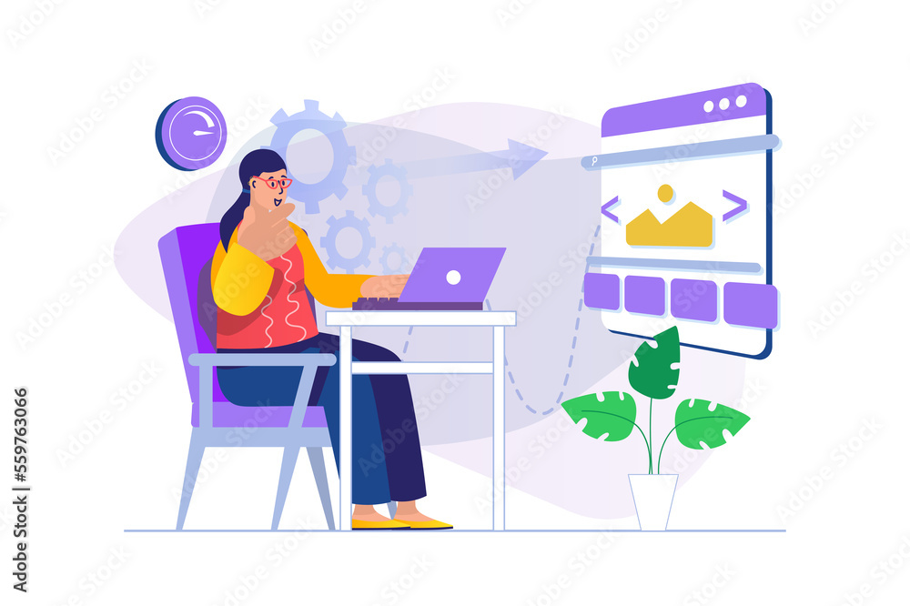 Poster web design concept with people scene. woman designer creates and programming website layout, optimiz