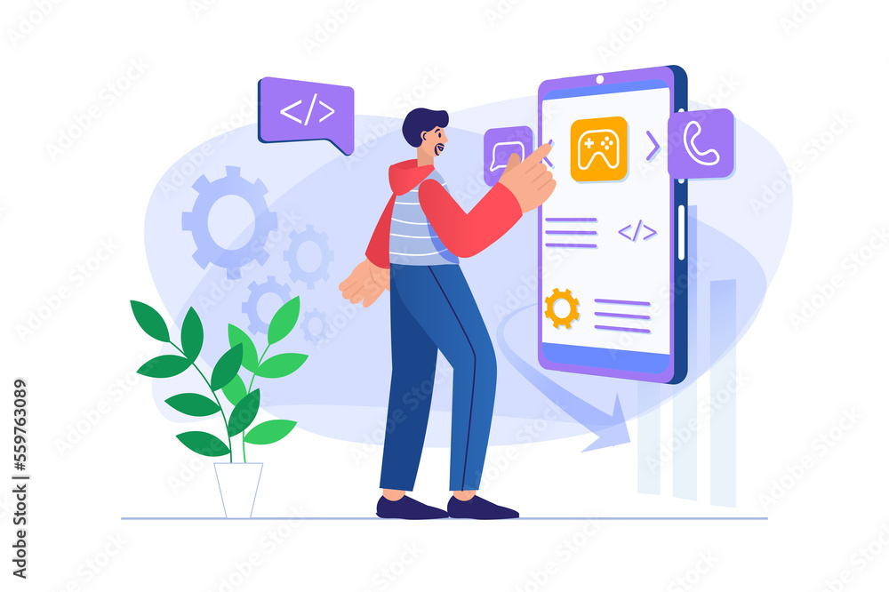 Poster app development concept with people scene. man designer creates graphic content and places buttons a