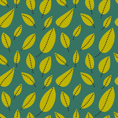 Leaves and dots seamless pattern. Simple stylised flat elements. Vector illustration