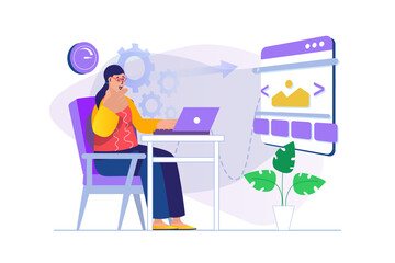 Web design concept with people scene. Woman designer creates and programming website layout, optimizes page and graphic elements. Illustration with character in flat design for web banner