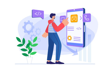 App development concept with people scene. Man designer creates graphic content and places buttons at display for mobile app layout. Illustration with character in flat design for web banner