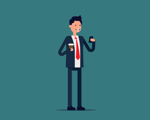 Businessman holding coffee and smartphone. Vector illustration office people concept