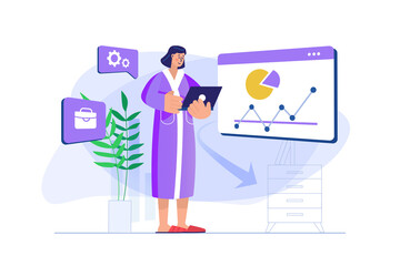 Freelance working concept with people scene. Woman freelancer analyzes data and prepares financial report, doing tasks in home office. Illustration with character in flat design for web banner