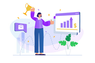 Business award concept with people scene. Businesswoman achieves career goals, improves company performance and winning gold cup. Illustration with character in flat design for web banner