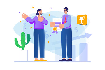 Business award concept with people scene. Businesswoman wins and receives first place certificate and golden cup, man awards colleague. Illustration with character in flat design for web banner