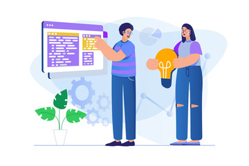 Teamwork concept with people scene. Man and woman work on project, generate new ideas, do work tasks together and collaborating. Illustration with character in flat design for web banner