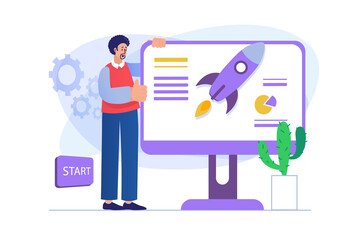 Business startup concept with people scene. Businessman launches new project, presents new campaign, attracts investments and partners. Illustration with character in flat design for web banner