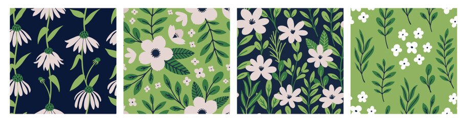 Aesthetic Contemporary printable seamless pattern with Spring botanical print design. Decorative chamomile, flowers and leaves. Pastel boho background in minimalist style for fabric, wallpaper 