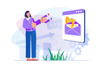 Email marketing concept with people scene. Woman attracts new audience using advertising mailings, online promotion for business. Illustration with character in flat design for web banner
