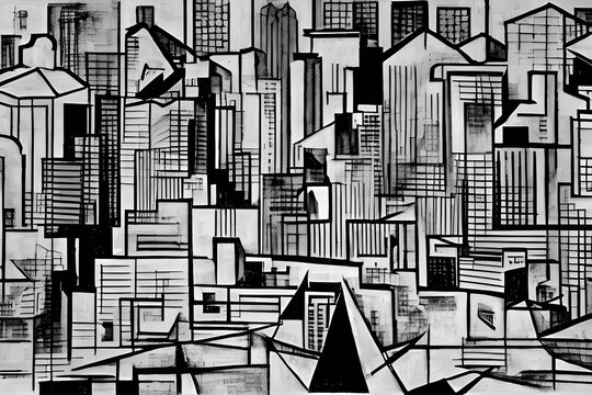 Cityscape Skyline Of San Jose City, In A Cubism Art Illustration, In Grey Scale