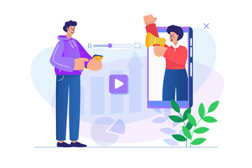 Video marketing concept with people scene. Man watches content, subscribers on blog and sharing. Woman makes advertising campaign. Illustration with character in flat design for web banner