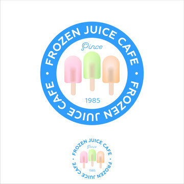 Frozen Juice cafe. Three frozen juice at sticks into blue circle. 