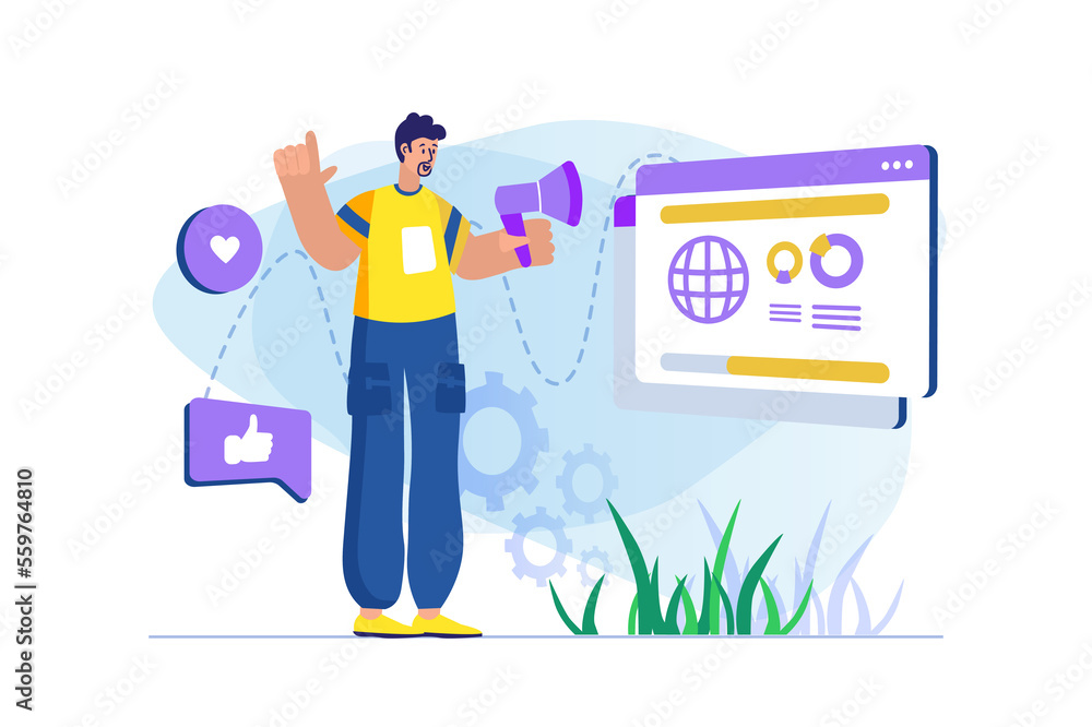 Poster social media marketing concept with people scene. man makes ad campaign in social networks for users