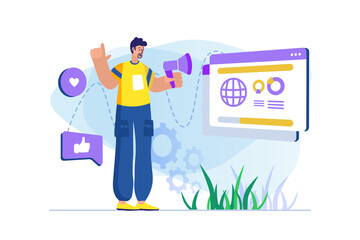 Social media marketing concept with people scene. Man makes ad campaign in social networks for users and converts them into clients. Illustration with character in flat design for web banner