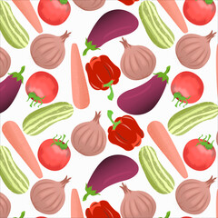 Seamless pattern of rosso corsa color capsicum, middle green yellow cucumber, vivid tangerine color carrot, orange red crayola tomato, pastel pink onion, magenta eggplant on white background.