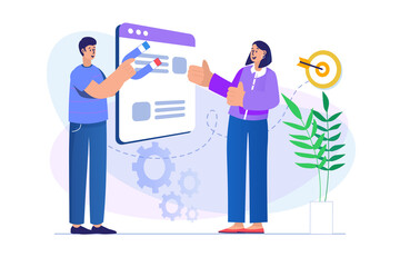 Social media marketing concept with people scene. Man makes ad campaign online. Woman comes at advertising links and makes purchase. Illustration with character in flat design for web banner