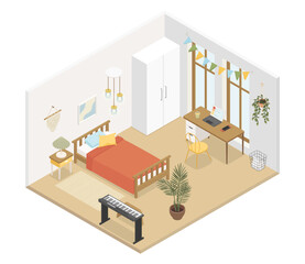 Freelancer and musicians bedroom - modern vector colorful isometric illustration