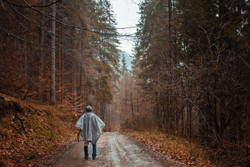 man in raincoat walks through forest, rain, loneliness, autumn and winter, man inside himself, reflections.