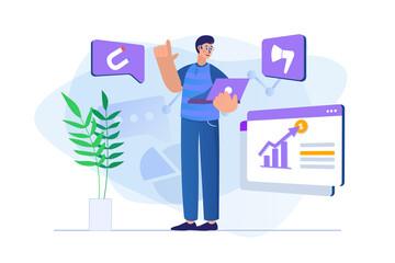 Digital marketing concept with people scene. Man promotes business online using promotional content, increases sales and profits. Illustration with character in flat design for web banner