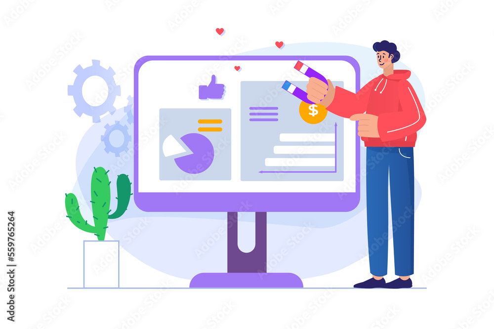 Poster digital marketing concept with people scene. man develops strategy for promoting in social networks,