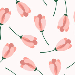 Womens History Month seamless pattern. Illustration of soft pink hand drawn flowers.