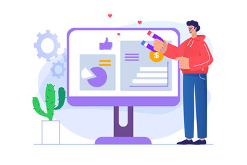 Digital marketing concept with people scene. Man develops strategy for promoting in social networks, analyzes data and creates content. Illustration with character in flat design for web banner