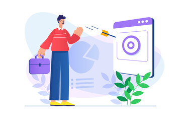 Business target concept with people scene. Man sets ambitious goals and hits bull's eye, achieves career growth and business success. Illustration with character in flat design for web banner