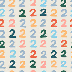 Seamless colorful numbers two pattern. Abstract background with hand drawn doodle shapes.