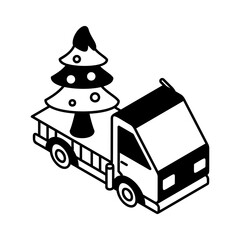 Pine Tree on wheels Concept, xmas plant are being transported on lorry Vector isometric Icon Design, Winter Season activities Symbol, Coldest Weather Sign, Snow and frost Stock Illustration