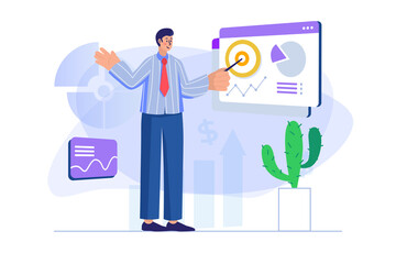 Business target concept with people scene. Man analyzes statistics of company, sets goals and achieves success in business development. Illustration with character in flat design for web banner